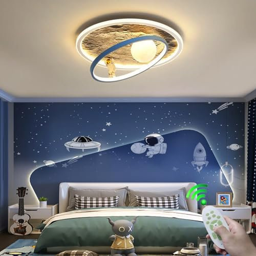 RuiRfh Deckenlampe Modern LED Kreativ Dimmbar Kinderzimmer Glas Mond Lampenschirm Astronaut Design Deckenleuchte mit Fernbedienung Jungen- und Mädchenzimmerlampe Esszimmer Wohnzimmer Metallbeleuchtung