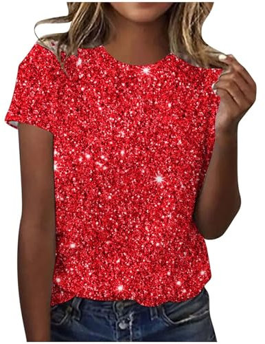 AMhomely Short Sleeve Tunic Tops for Women UK Sparkling Tops Ladies Elegant Blouse Gradient Sequins Print Casual T Shirts Crewneck Tunic Loose Fit Pullover Shiny Shirts Office Work Red XL