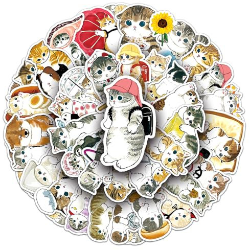 Cat Stickers for Boys Girls Kids Teens, Cartoon Waterproof Vinyl Stickers for Phone Laptop Flasks Water Bottle Luggage Scrapbook Cup Bike Car Notebook, Lovely Pet Decals Pack[Catroon Cat -50Pcs]