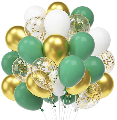 60 Luftballons Salbei Grün Gold Weiß, 12” Olive Grün Latex Ballons, Retro Grün Luftballons, Metallic Gold Konfetti Helium Balloons für Kinder Geburtstag Babyparty Hochzeit Graduierung Feier Deko
