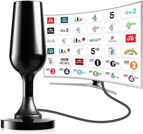 Digital Indoor TV Aerial for Smart TV, High Gain Freeview Aerial Indoor Arial, Portable Antenna Ariel for 4K 1080P HDTV & VHF/UHF/DAB Radio and All Compatible, Black
