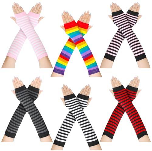 Candcamp 6 Pairs Striped Arm Warmers, Y2k Fingerless Gloves with Thumb Hole | Long Sleeves Gloves for School Office Outdoor Accessories
