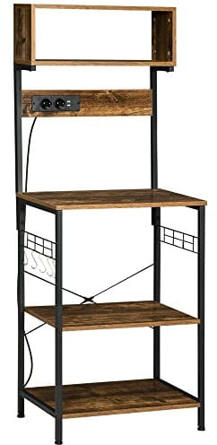 HOMCOM Étagère de Cuisine Support pour Micro-Ondes Meuble de Rangement Industrielle avec 2 chargeurs USB et 2 Prise de Courant, 5 Crochets et étagère réglable, 60 x 42 x 153 cm Marron Rustique