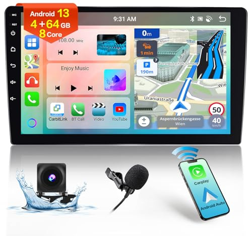 8 Core 4+64GB Android Autoradio 2 Din Wireless Carplay Android Auto 10.1 Zoll Touchscreen Radio Bildschirm mit Navi, WiFi, Bluetooth, 32EQ DSP, SWC, Mic, Rückfahrkamera