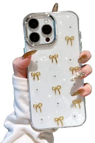 EYZUTAK Case for iPhone 12 Pro Max, Bling Glitter 3D Bowknot Phone Case Cute Sparkly Crystal Clear Bow Aesthetic Design Case Slim Soft Durable TPU Transparent Protective Cover for Women Girls-Gold Bow