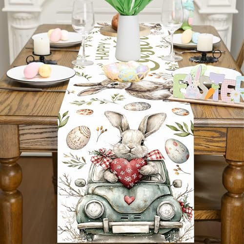 Ostern Tischläufer, Ostereier Kaninchen Hasen Blumen Ostertischläufer mit Hase Osterei Muster Ostern-Tischläufer Frühling Osterparty Tischdekoration für drinnen und draußen Esstisch,72x14 Zoll