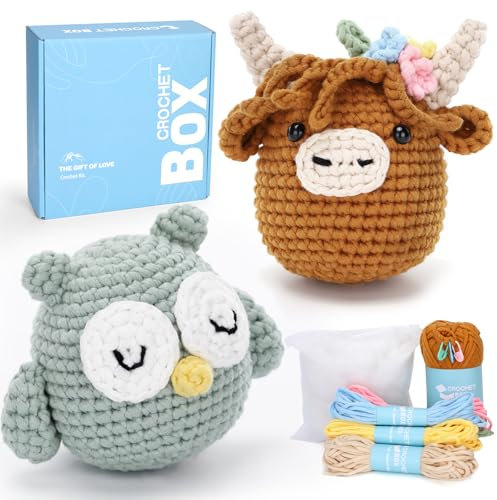 CROCHET BOX Complete Crochet Kit for Beginners - 2 PCS Brown Highland Cow and Owl Crochet Kit, Flower Style, Include Video Tutorial, Instruction, Soft Yarn, Birthday Gift
