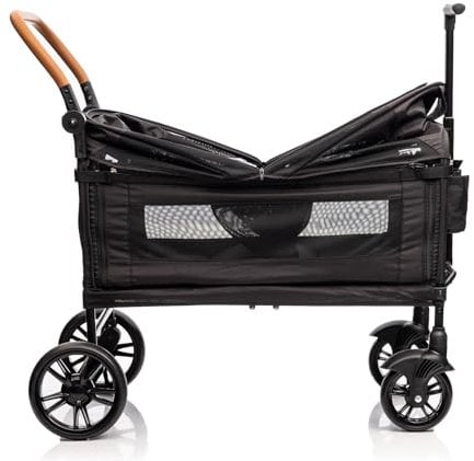 vickey Bollerwagen Faltbar mit Dach für 2 Kinder bis je 25kg, Cargo-Bollerwagen, Faltbarer Handwagen mit Schiebegriff, Duo-Kinderwagen stoßfest, PU-Räder mit Bremsen, Getränkehalter, 100L, Schwarz