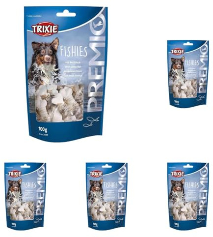 TRIXIE Hundeleckerli Premio Hunde-Fishies 100g - Premium Leckerlis für Hunde glutenfrei - ohne Getreide & Zucker, schmackhafte Belohnung für Training & Zuhause (Packung mit 5)