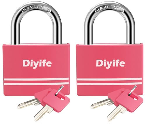 Padlock with Keys, [2 Pack] [4 Keys] Diyife 40mm Small Aluminum Key Padlocks, Anti-Rust Waterproof Padlocks Outdoor Weatherproof Padlock for School, Gym Locker, Cabinets, Gate, Garage, Shed (Pink)