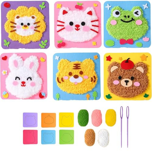 6-teiliges DIY-Stickpuppen-Set, Stickset für Kinder, Stickset, lustiges Cartoon-Tier-Näh-Bastelset, geeignet für Kinderkunst und Handwerk (1)