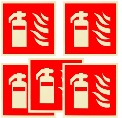 BigKego 5 pezzi cartello estintore retroilluminante autoadesivo, in PVC, protezione antincendio, 15 x 15 cm, con simbolo dell'estintore, per casa, ufficio, cantiere, magazzino, auto