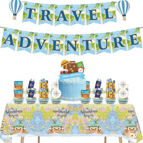 43pcs Travel Birthday Party Decorations Kit with Adventure Banner Balloons Cupcake Toppers Cake Topper Featuring World Map Airplane Suitcase Designs Perfect for Kids Birthday School Picnic Events
