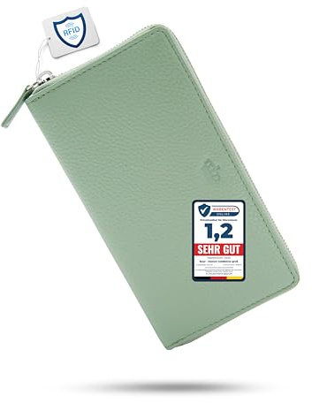 Baur - Damen Geldbörse echtes Leder (Silber Reißverschluss, Salbei-Grün) | Großes Portemonnaie, RFID-Schutz, 12 Kartenfächer, silberner Rundum-Reißverschluss aus Metall, geprägtes Rindsleder
