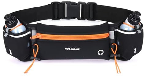 ROSSRORE Unisex Running Hydration Belt with 2x6oz Water Bottles - No Bounce Design, Waterproof Waist Pack for Phone, Reflective Gear for Runners, Cyclists, Hiking (Orange)