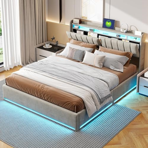 WSOFZMO Bett 140x200 Led, Polsterbett 140x200 mit Stauraum, Doppelbett mit Lattenrost, Hydraulisch Stauraumbett, Boxspringbett mit USB Ladefunktion, Samt, Ohne Matratze