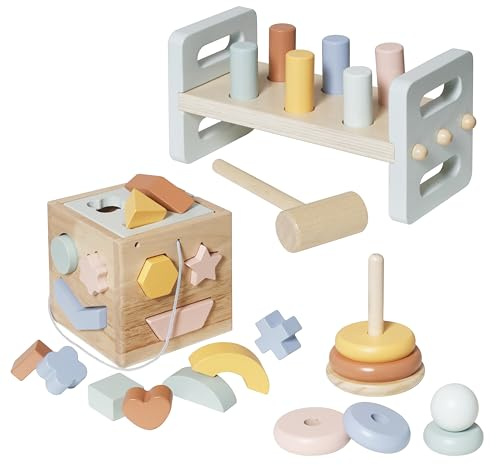 TikTakToo Montessori Holzspielzeug Set – Motorikwürfel, Hammerspiel & Steckpyramide in Pastellfarben, Lernspielzeug aus Holz für Babys & Kleinkinder ab 1 Jahr