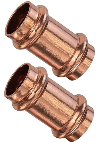 2 stycken pressbeslag koppar, kopparrör 15 mm, koppar glidande munstycken, koppar presskoppling för pressning V kontur för rörledningsanslutningar för dricksvatten, uppvärmning och kylsystem
