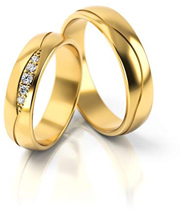 JC Trauringe Gold 585 Paarpreis Poliert I Traumhafte Eheringe breit 5mm I Einzigartige Partnerringe Gelbgold mit Gravur in edler Schatulle I 2 Hochzeitsringe Herrenring & Damenring mit Steinen I PL296