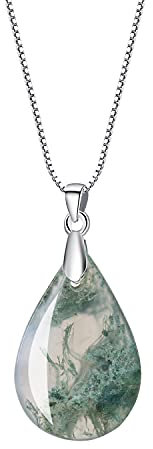 COAI Geschenkideen Damen 925 Sterling Silber Kette mit Wassertropfen Anhänger aus Moosachat Amulett Halskette Box Chain Kette