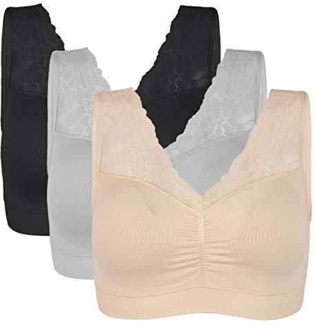 Vertvie Womens Strech Ohne Buegel Push up Yoga Sports BH Bra Top Set Fuer Fitnesstraining Polsterung 3er Pack(Schwarz/Haut/Grau,XXL)