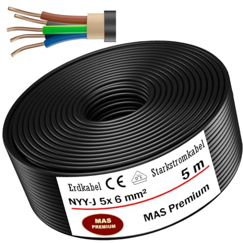 Câble électrique souterrain, type NYY-J 5 x 6 mm² disponible en 5, 10, 15, 20, 25, 30, 35, 40 ou 50 m, avec anneau, pour la pose à l'extérieur et en terre, 5 m