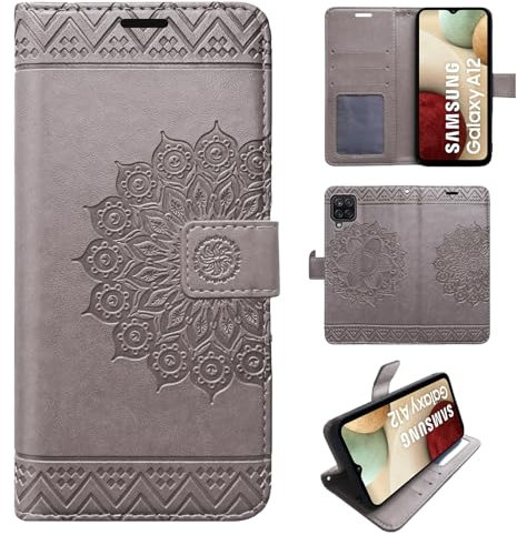 Hülle Kompatibel mit Samsung Galaxy A12 | Klapphülle Schutzhülle mit Kartenfächer Kompatibel für Galaxy A12 | Magnetverschluss Klapphülle | Grau