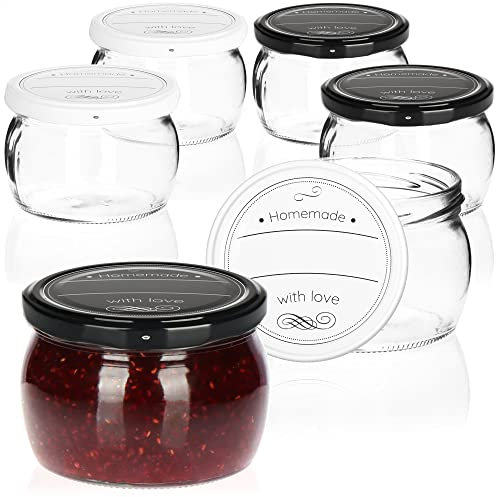 com-four® 6X Vasetti per conserva con Coperchio a Vite Homemade with Love in Bianco e Nero - TO Ø 82 mm - Fino a ca. 260 ml - barattoli marmellata