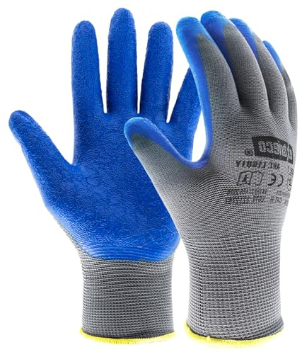 EXBRIECO 12, 6 oder 3 Paar, Arbeitshandschuhe, Schutzhandschuhe Polyester und Latex, PPE, 2131X, langlebig, leicht, abriebfest, Gartenarbeit, Reparaturen, Mechaniker.