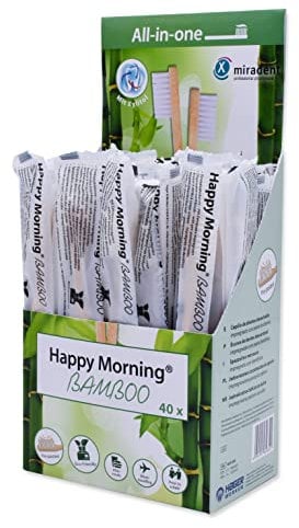 miradent Happy Morning® Bamboo Reisezahnbürste Gästezahnbürste | 40 Stück | hygienisch einzeln verpackt | 100% biologisch abbaubar inkl. Folie | Borsten mit xylithaltiger Zahnpasta imprägniert