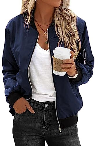 Zeagoo Veste Bomber Femme Veste de Transition Courte à Manches Longues Veste Motard Légère et Fine Veste Aviateur avec 2 Poches Blouson Bleu Marine pour Automne Printemps Été S