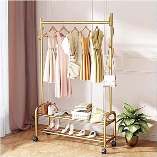 Kleiderstange Aus Metall, Freistehender Kleiderständer Mit 7 Seitlichen Haken, Garderobenständer Mit Ablagefach Für Schuhe, Kisten,Gold,120cm,Bonny369