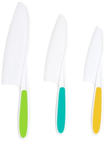 RUOXIXI Lot de 3 Couteau Enfant Plastique,Couteau Qui ne Coupe pas les Doigts Enfant pour Couper et Cuire Des Fruits Ou Légumes Jeunes pour les Anniversaires et Noël (Jaune + Bleu + Vert)
