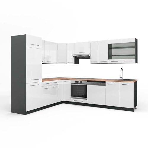 Vicco Eckküche Fame-Line, Weiß Hochglanz/Anthrazit, 287 x 227 cm | 14 Module · Höhenverstellbare Füße · Arbeitsplatte Eiche · MDF-Fronten · Softclose · Metallgriffe