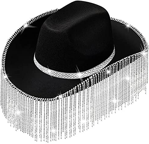 LIbgiubhy Cowgirl-Hut mit Strasssteinen, glitzernd, Kuh-Mädchen-Hut mit Strass-Fransen, Erwachsenengröße, für Party, 3 Farben