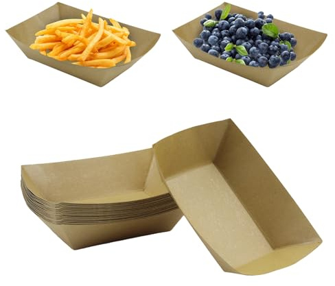Elepl 60 Piezas Bandeja de Comida de Cartón Cajas para Papas Fritas de Papel Kraft Resistente al Agua y al Aceite Barquitas para Aperitivos Cuencos de Cartón para Refrigerios Alimentos Fritos Sushi