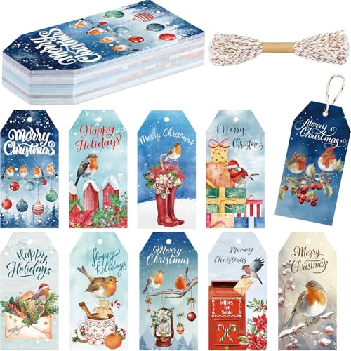 Zonon 50 Stück Weihnachten Etiketten für Geschenke Gnomen, Rotkehlchen | Hängende Geschenk Anhänger Etiketten, Mit Rot Weißer Schnur, Ideal für Weihnachten, Geschenk Verpackung und DIY Deko