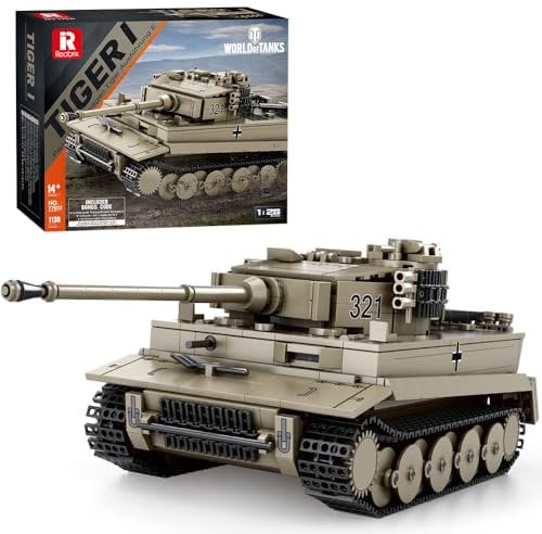 Reobrix 77031 World of Tanks Echte Lizenz Tiger I Panzer Bausteine, 1138 Teile 1:28 Deutsch Militär Panzer Klemmbausteine, WW2 Panzerkampfwagen Modellbausatz, Für World of Tanks-Spielfans über 14+