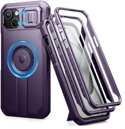 Dexnor for iPhone 15 Plus & 14 Plus Magnetic Case With Slide Camera Cover & Adjustable Kickstand & Built-in Screen Protector, Rugged Shockproof Bumper Cases Heavy-duty Cover - Phantom Purple