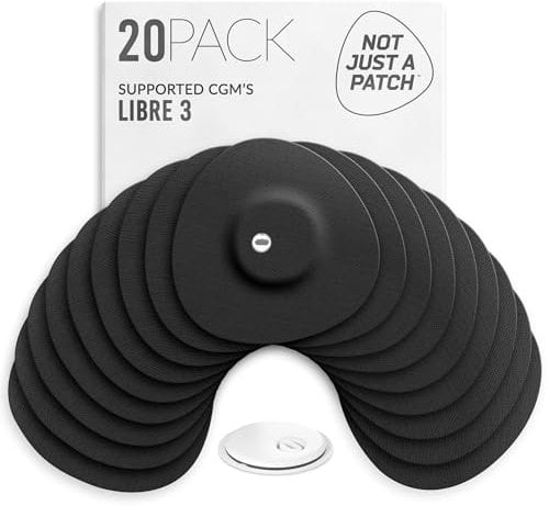 Not Just A Patch Freestyle Libre 3 Plus Sensor Covers (20 Pack) – Breathable, Sweatproof & Secure Hold – Precision-Cut Hole for Ventilation, Enhanced Adhesion & Gentle Support – 10-14 Day Wear - Black