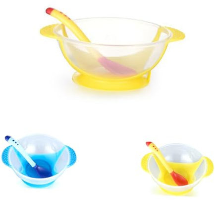 SHOWERORO Toddler's Silicone Suction Bowl Set Temperature Sensing Spoon Leakproof Slip-Resistant Ergonomic Handles Random Colour