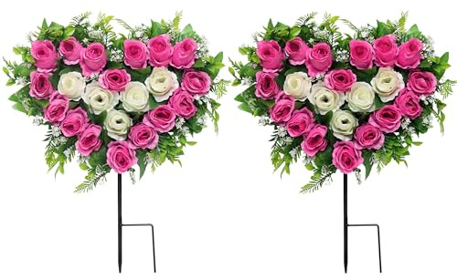 Lot de 2 fleurs de cimetière artificielles avec piquet, couronnes en forme de cœur pour décoration de cimetière, pierres tombales (rose)
