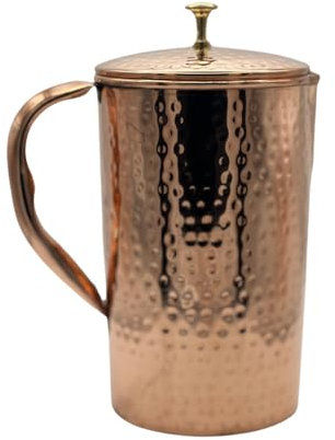Copper Pitcher/Jug with Lid - for Ayurveda Health Benefits - Pure Copper Hammered Jug - Traditional Pitcher for Drinking and Serving Water (1300ml)