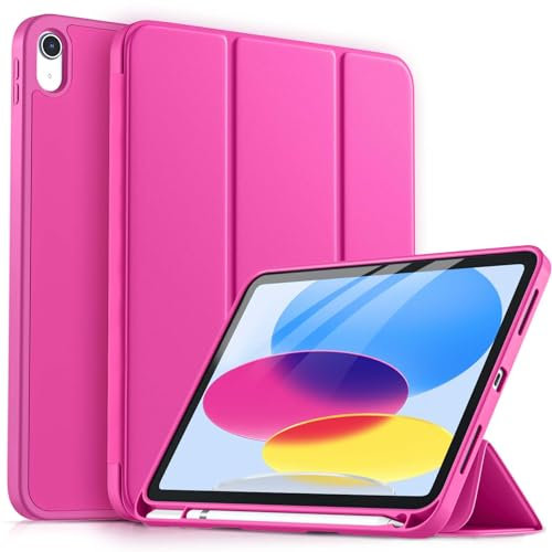 drivego Coque pour iPad 10ème Génération 2022 10,9 Pouces avec Porte-Stylet, à Trois Volets, Réveil/Sommeil Auto, Étui de Protecteur Housse Souple en TPU pour iPad 10 Coque 10,9 Pouces, Rose Vif