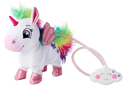 Simba PetZoo Rainbow Unicorn, Spielzeug Haustier, mit Regenbogen-LED Kabelsteuerung, Sounds, läuft, bewegt Kopf und Schweif, 24cm, ab 3 Jahre