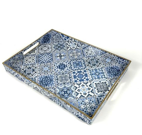 Round or Rectangular Mediterranean Tile Serving, Dining Trays – Large Decorative Tray with Glossy Finish and Gold Rim for Coffee Table, Kitchen or Dining Use (Rectangular Mediterranean)