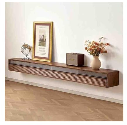 Floating TV Stand Black Walnut Wall Mounted Floating TV Cabinet, Media Wall Unit with LED Light, Floating TV Stand with Flip-down Door and Drawer for Living Room Floating TV Console(180x26x22cm)