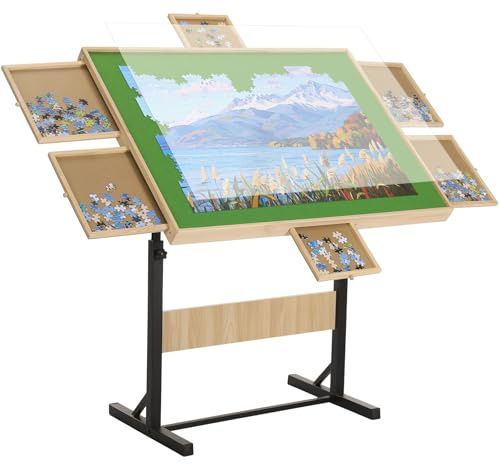 FUNTOK 1500 Pieces Jigsaw Puzzle Table for Adults, Adjustable Height & Tilting Angle Wooden Puzzle Board with Legs, 6 Sorting Drawers & Cover, Portable Puzzle Desk Birthday Present
