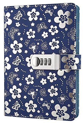 Journal en Cuir PU écriture Carnet,Journal Ligné Carnet de Notes avec Serrure à combinaison Cahier Journal Bloc-notes Tpn102 Silver flowers