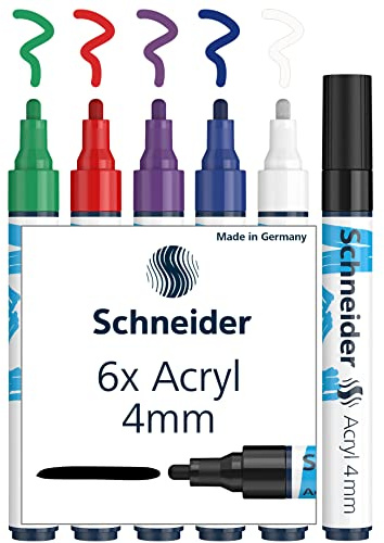 Schneider Paint-It Acrylstifte (Set 1 mit 4 mm Rundspitze, hochdeckende Acrylfarben für Holz, Leinwand, Stein uvm.) 6 Stück, sortiert, 4mm Strichbreite